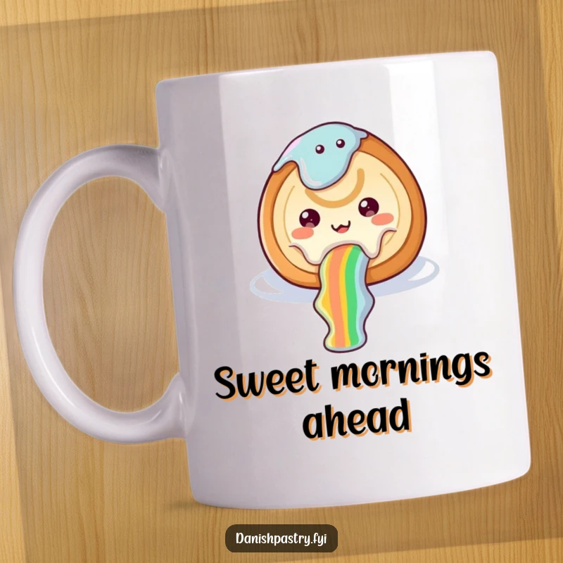 Funny cinnamon roll mug with icing sliding down a rainbow, showcasing whimsical sweetness and cheerful dessert humor.