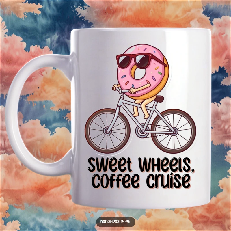 Funny donut wearing sunglasses riding a bicycle made of icing streaks, a cool and comical scene for a laughter-filled mug.