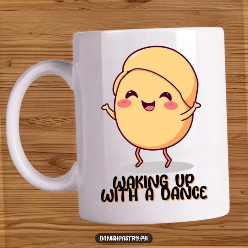 Funny croissant mug with a smiling croissant with tiny legs doing a cheerful jig, perfect food lover humor gift.
