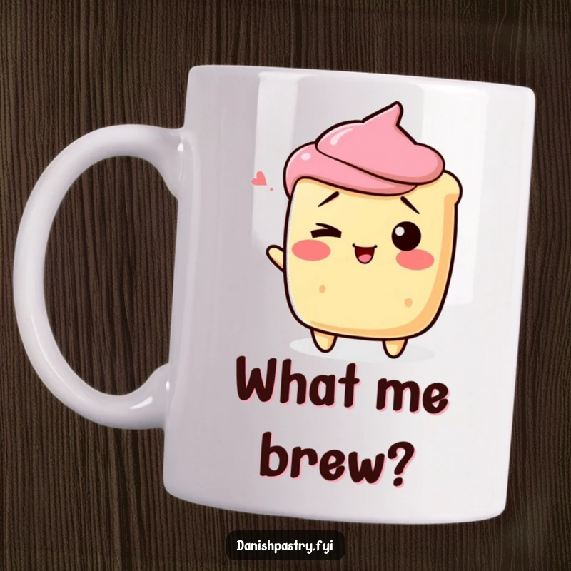 Funny scone character shrugging playfully with a wink, a chill and hilarious dessert mug.