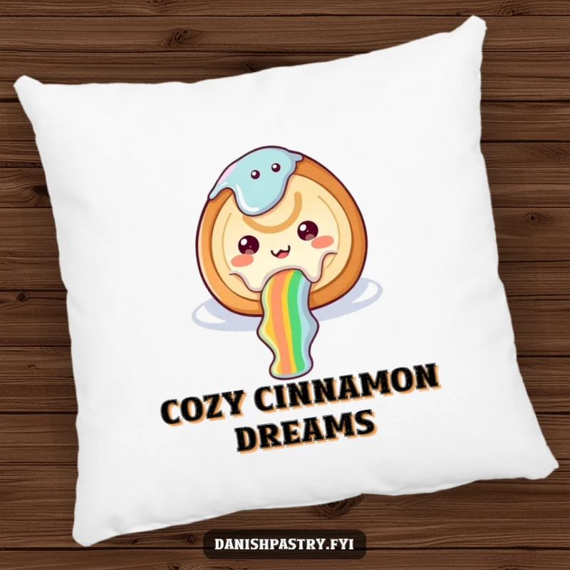 Funny cinnamon roll pillow showing icing sliding down a rainbow, offering whimsical sweetness and cheerful comfort.