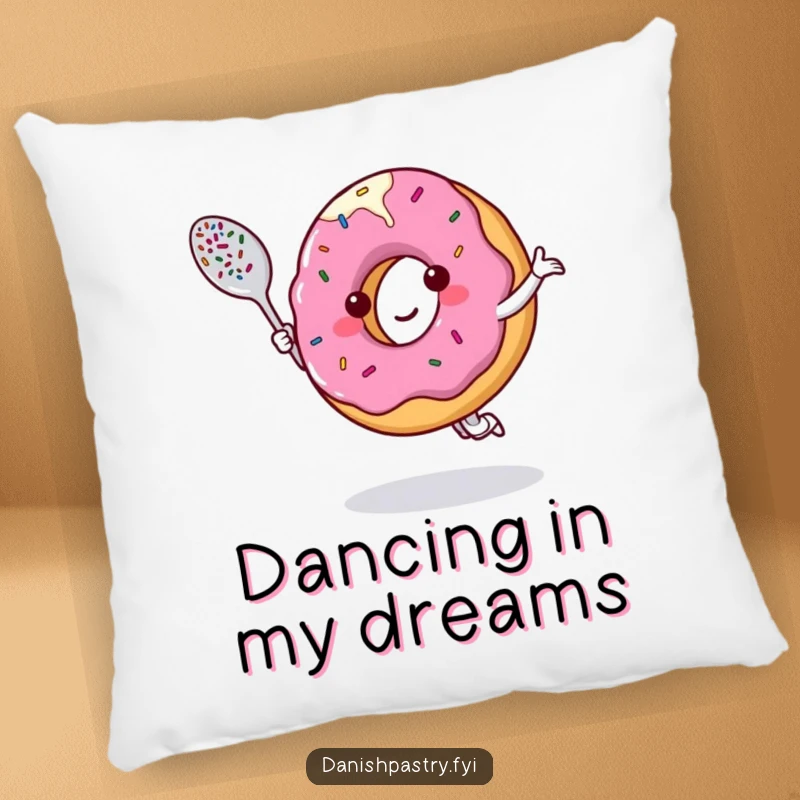 Funny pillow with a smiling donut character dancing with a sprinkle-covered spoon, offering comfort and sugary delight.