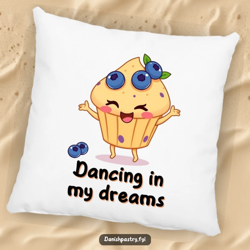 Funny pillow featuring a winking muffin with blueberries, happily dancing, offering soft comfort and a dose of delicious, whimsical humor.