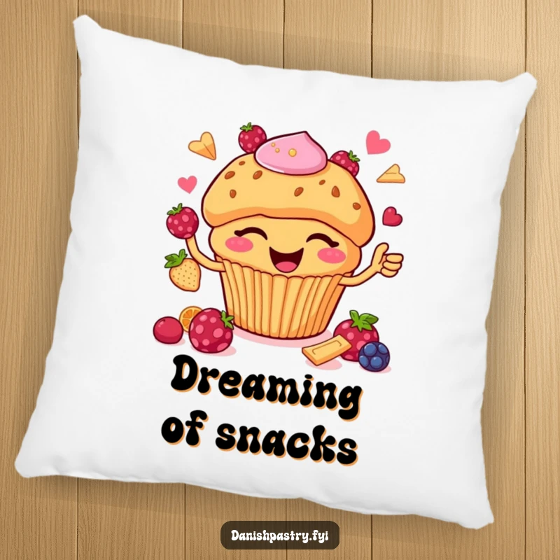 Funny Pillow: A happy muffin with chips winks while juggling berries, adding humorous and sweet comfort.