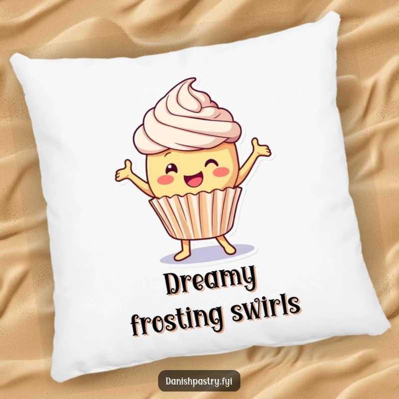 Funny Pillow: A delighted cupcake with frosting dances playfully, adding humorous and sweet comfort to lounging.