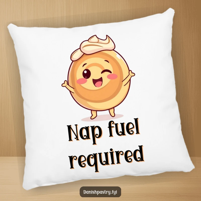 Funny cinnamon roll pillow, a happy, dancing pastry character with swirling icing, adding comfort and sweet humor.