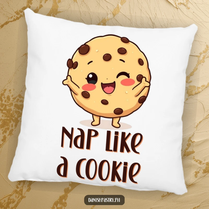 Funny cookie pillow showing a happy character with chocolate chips in a silly pose, offering sweet, humorous comfort.