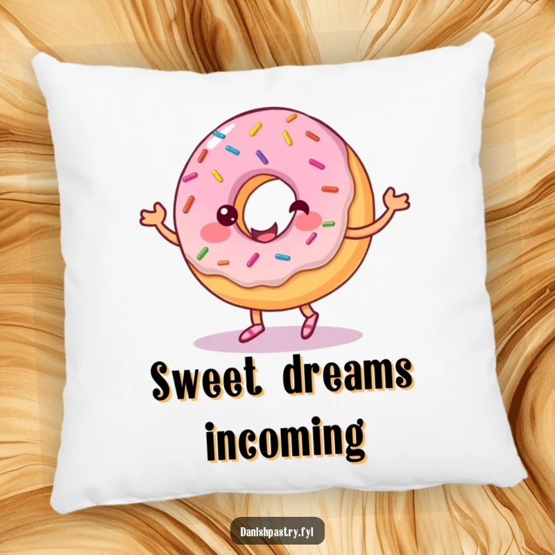 Funny pillow with a cheerful donut covered in sprinkles, dancing with frosting. Soft, plush, and humor-filled treat decor.