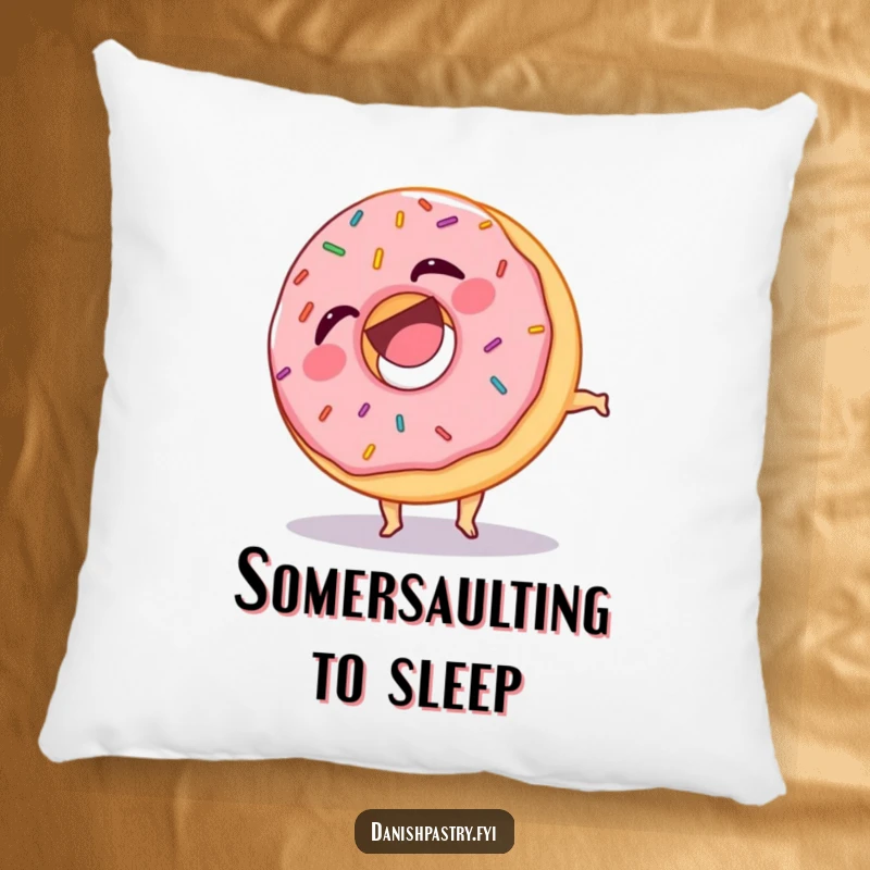 Funny pillow featuring a laughing donut with colorful sprinkles, performing a funny somersault, perfect for a playful and cozy space.