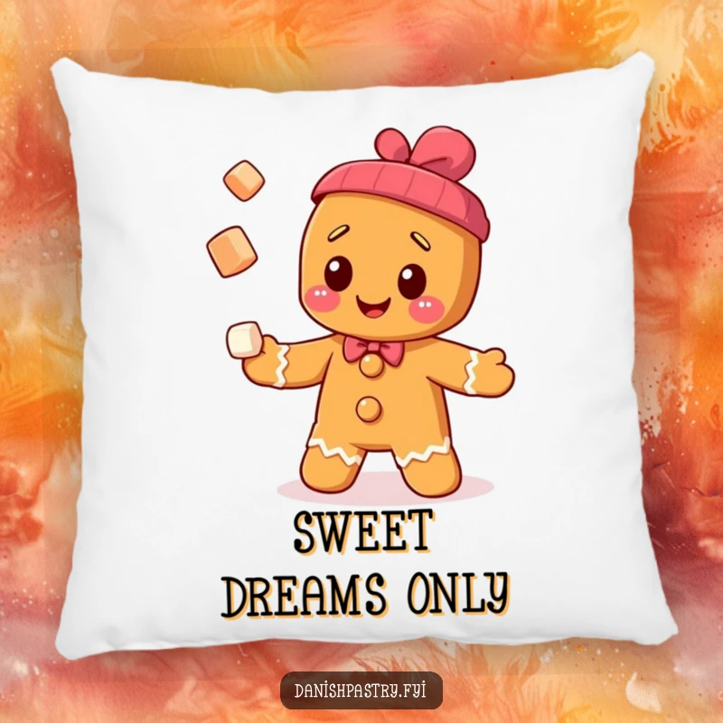 Funny cheerful gingerbread man character juggling sugar cubes, on a plush pillow, bringing sweet humor to relaxation.