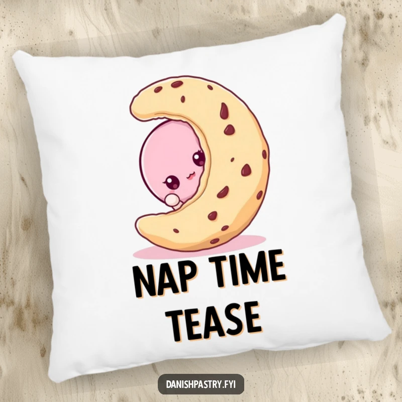 Funny macaroon character curiously peeking from behind a cookie, a soft and hilarious dessert throw pillow.