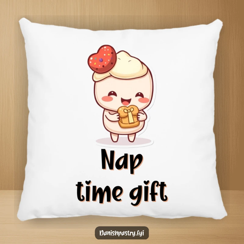 Funny Pillow featuring a happy pastry character offering a small pastry as a gift. Soft, cozy, and humorous decorative item.