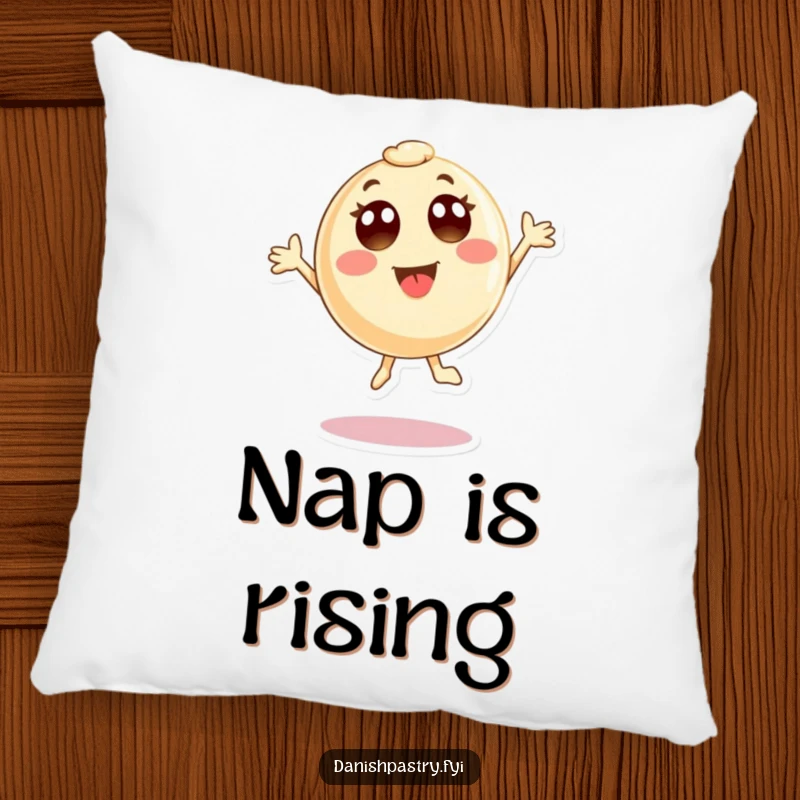 Funny Pillow showcasing a round pastry character with wide eyes, joyfully airborne in a happy jump. A soft and humorous decorative accent.