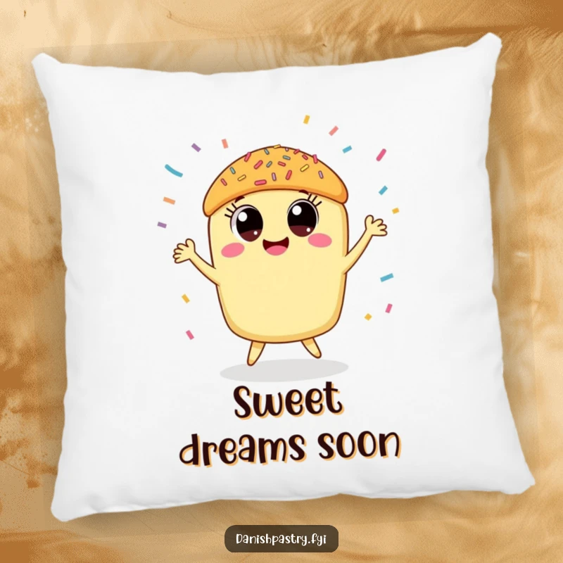 Funny pastry pillow showcasing a smiling pastry dancing joyfully amidst falling sprinkles, offering soft comfort and sweet decor.