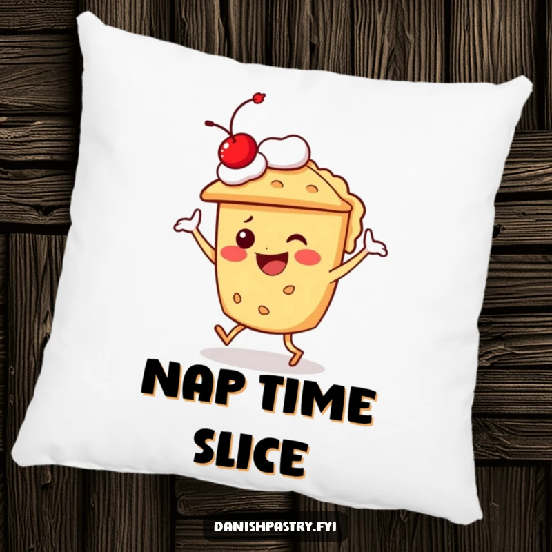 Funny pie character dancing with a cherry on top, a soft and hilarious dessert throw pillow for cozy comfort.
