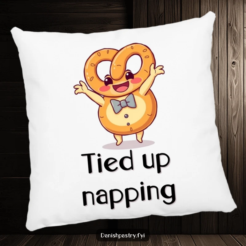 Funny grinning pretzel with a bow tie doing a somersault, a soft, humorous decorative pillow.