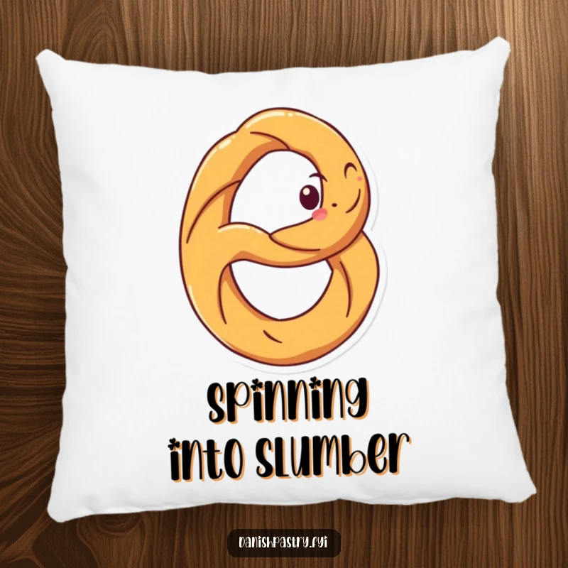 Funny pillow with a happy pretzel character, grinning and spinning. Soft, plush, and humor-filled snack decor.