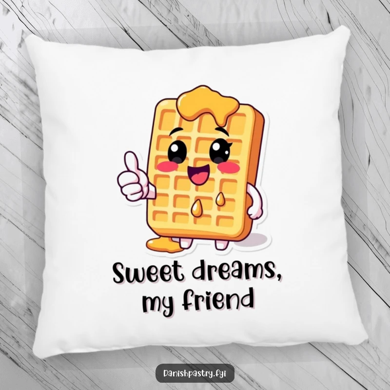 Funny Waffle Pillow featuring a syrup-dripping character giving a thumbs-up, offering comfort and humorous breakfast charm.