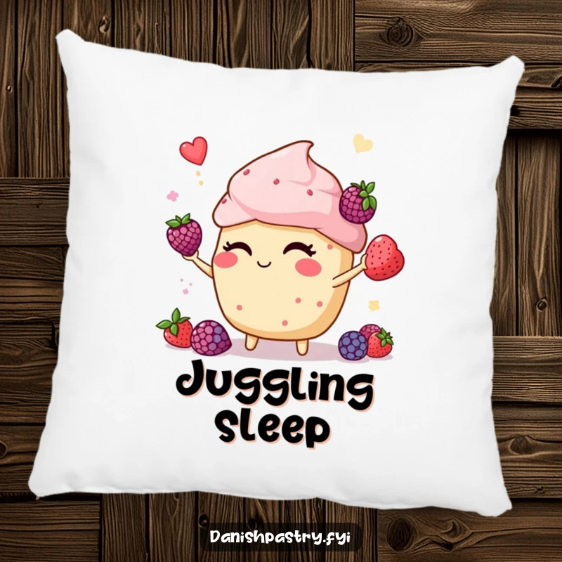 Funny muffin winking and juggling berries, depicted on a soft pillow, bringing comfort and humor to any seating area.
