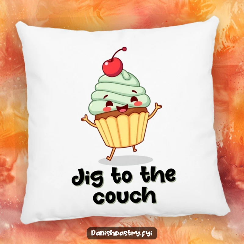 Funny pillow with a gleeful cupcake topped with a cherry, doing a dance. Soft, plush, and humor-filled dessert decor.