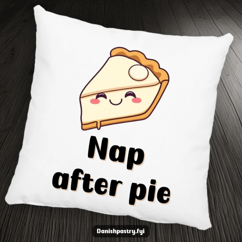 Funny pie slice pillow showing a joyful character with a happy grin taking a bite, offering sweet, humorous comfort.