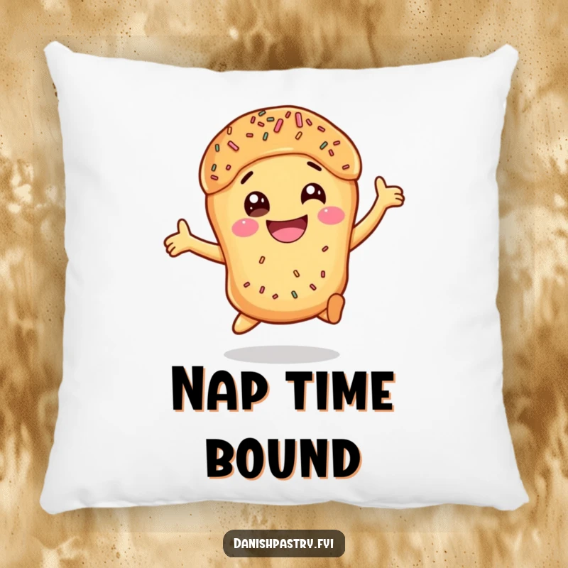 Funny Danish Pastry Leap Pillow featuring a happy, leaping pastry with sprinkles, offering a soft and humorous accent.