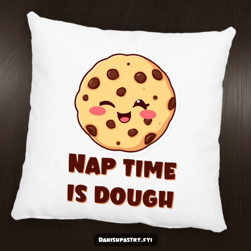 Funny and soft pillow featuring a giggling chocolate chip cookie winking, offering comfort and a dose of sweet humor.