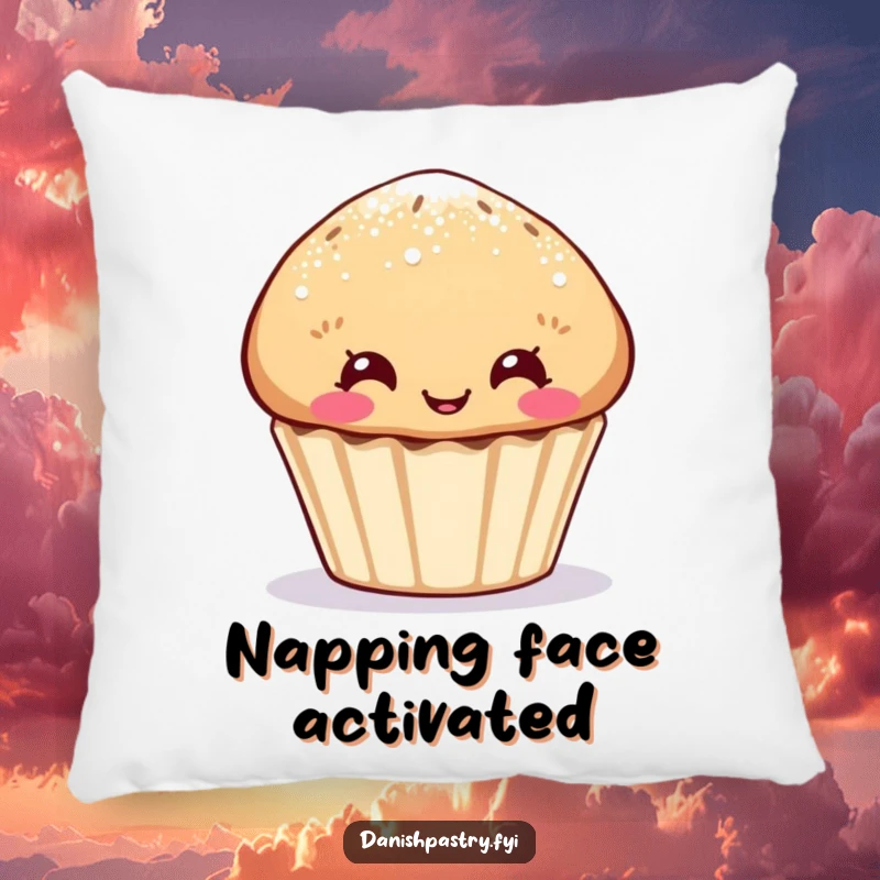 Funny muffin pillow, sugar-dusted character with a funny face, soft and humorous home decor.