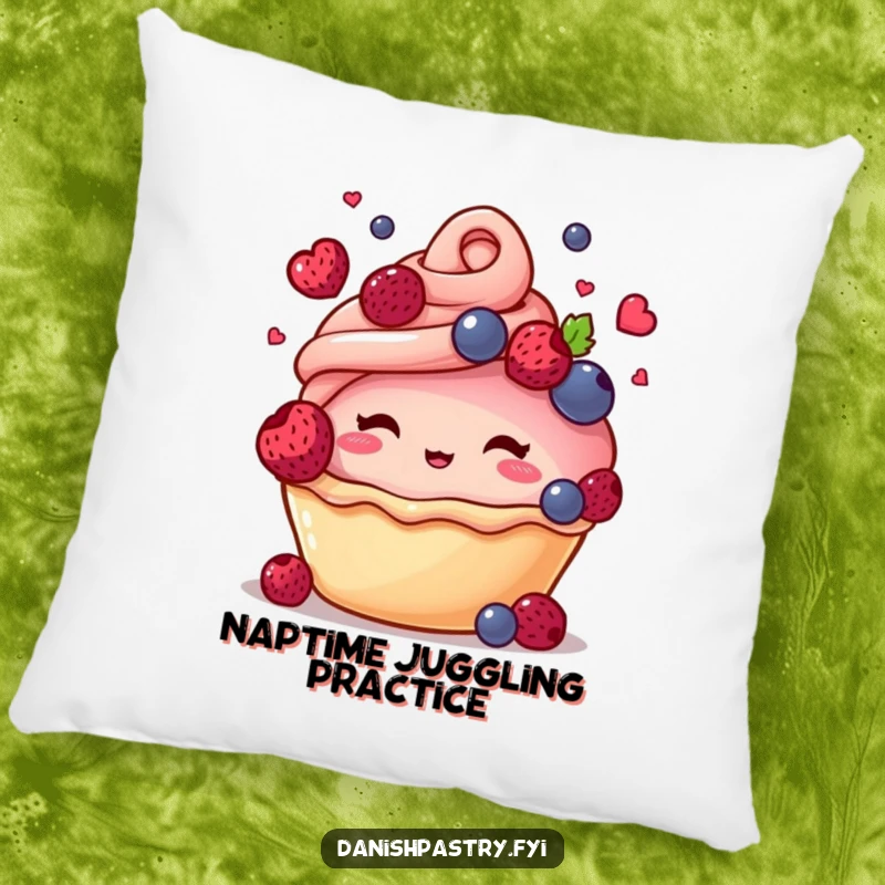 Funny pillow with a blushing pastry character juggling small berries, offering comfort and a delightful touch of humor.