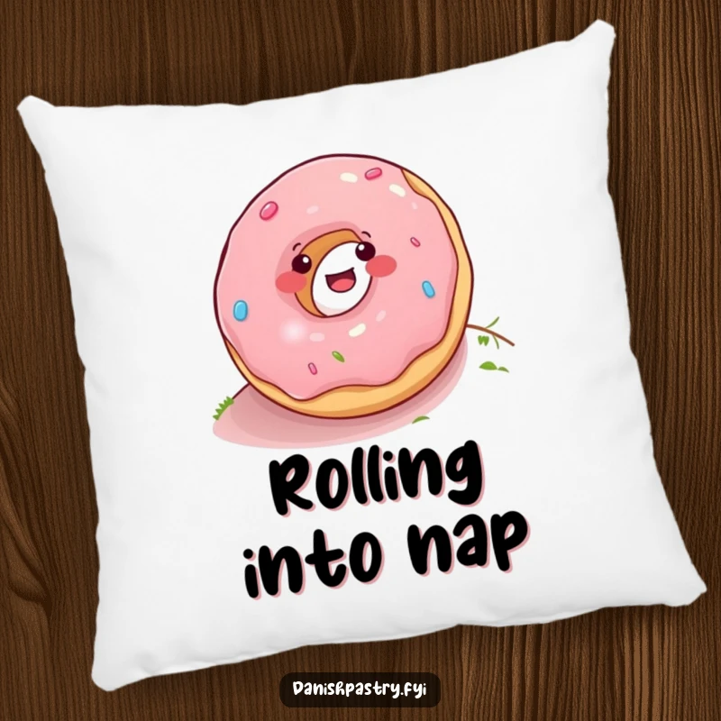 Funny donut rolling energetically down a hill, depicted on a plush pillow, adding a humorous and cozy touch to any space.