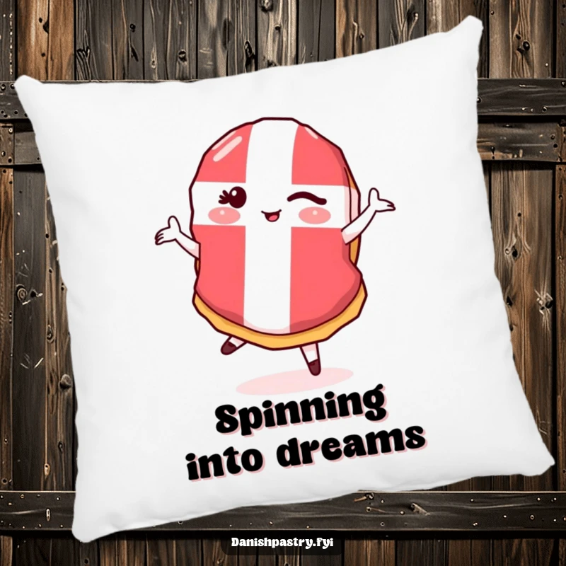 Funny Danish Flag Pastry Pirouette Pillow with a winking pastry doing a pirouette, offering soft and humorous comfort.