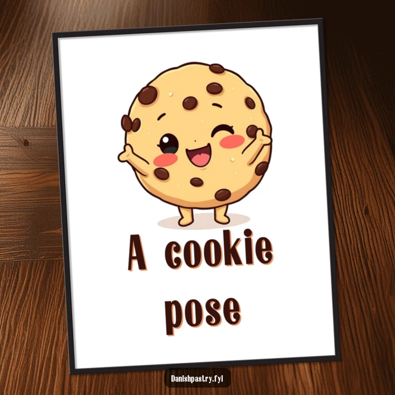 Funny cookie digital art print of a happy cookie character with chocolate chips striking a silly pose, ready to add dessert humor.