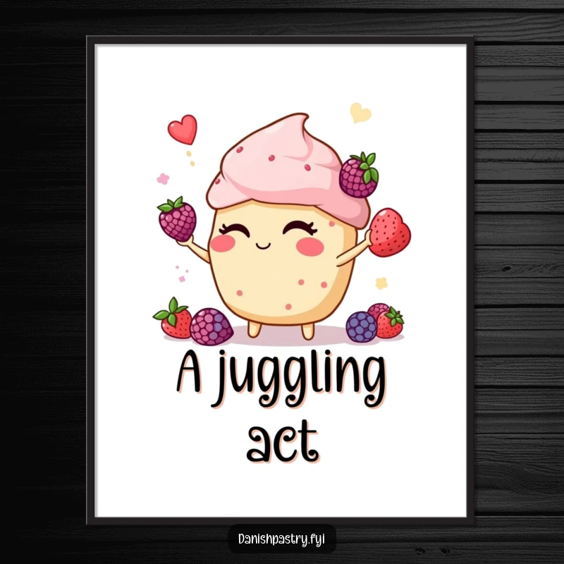 Funny muffin winking and juggling berries, vibrant digital art print, instantly downloadable for cheerful and humorous wall decor.