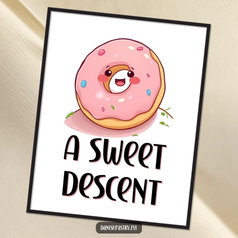 Funny donut rolling down a hill, vibrant digital art print, instantly downloadable for colorful and humorous wall decoration.