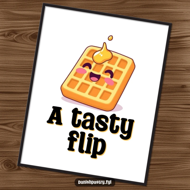 Funny waffle digital art print of a delighted character grinning upside down with syrup, ready to add breakfast humor.
