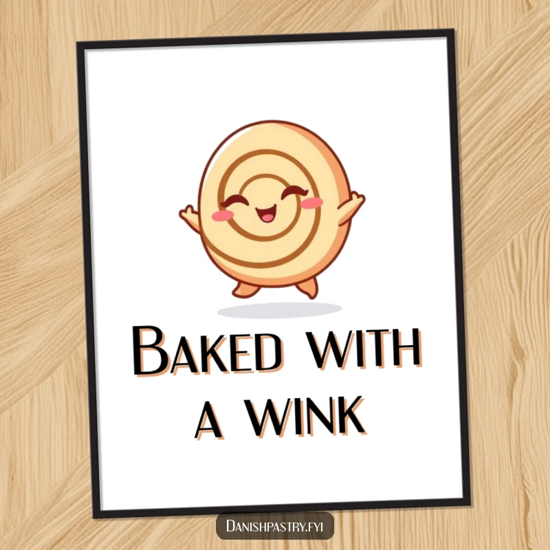Funny Cinnamon Roll Digital Art: A cheerful cinnamon roll hopping and winking, radiating sweetness and joy, a charming funny gift.