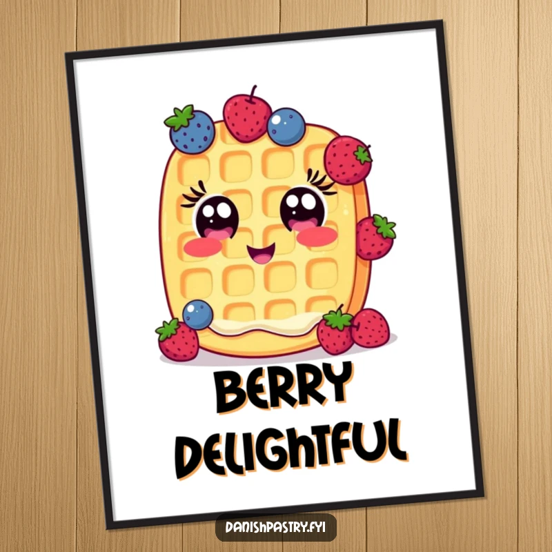Funny Digital Art Print: A cheerful waffle with wide eyes humorously juggles small berries, charming and downloadable breakfast artwork.