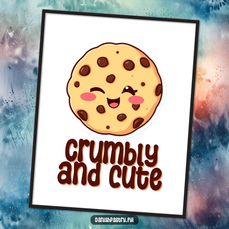 Funny digital art print of a giggling chocolate chip cookie winking playfully, perfect for instant download and adding sweet humor.