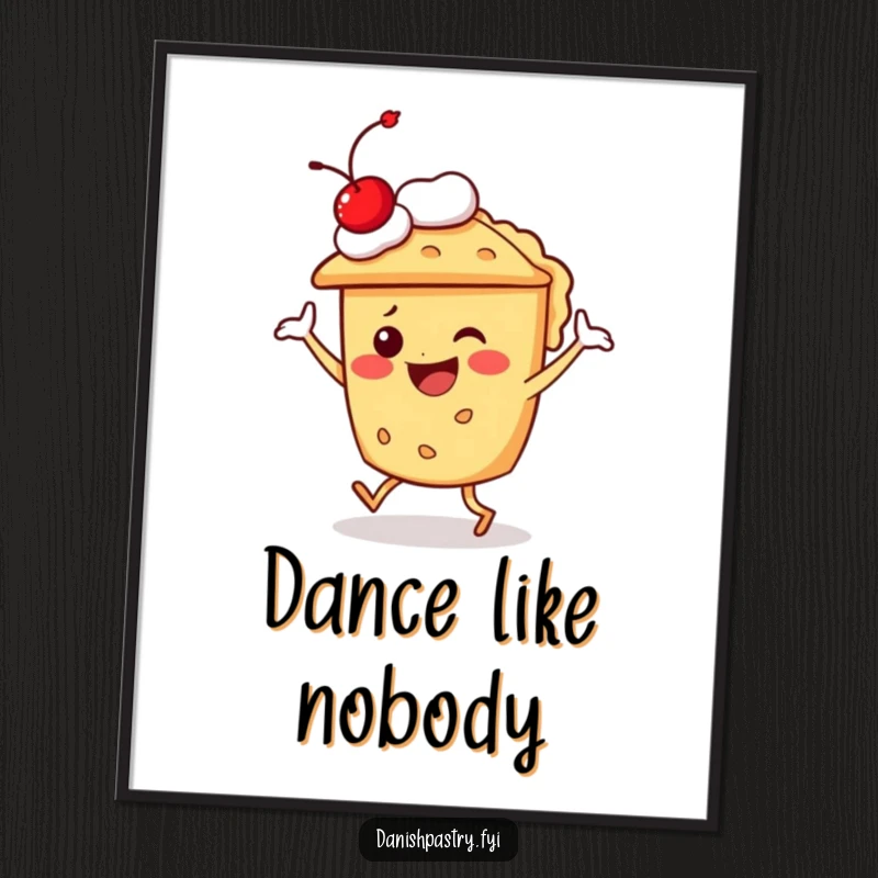 Funny pie character doing a silly dance with a cherry on top, as a downloadable and hilarious dessert art print.