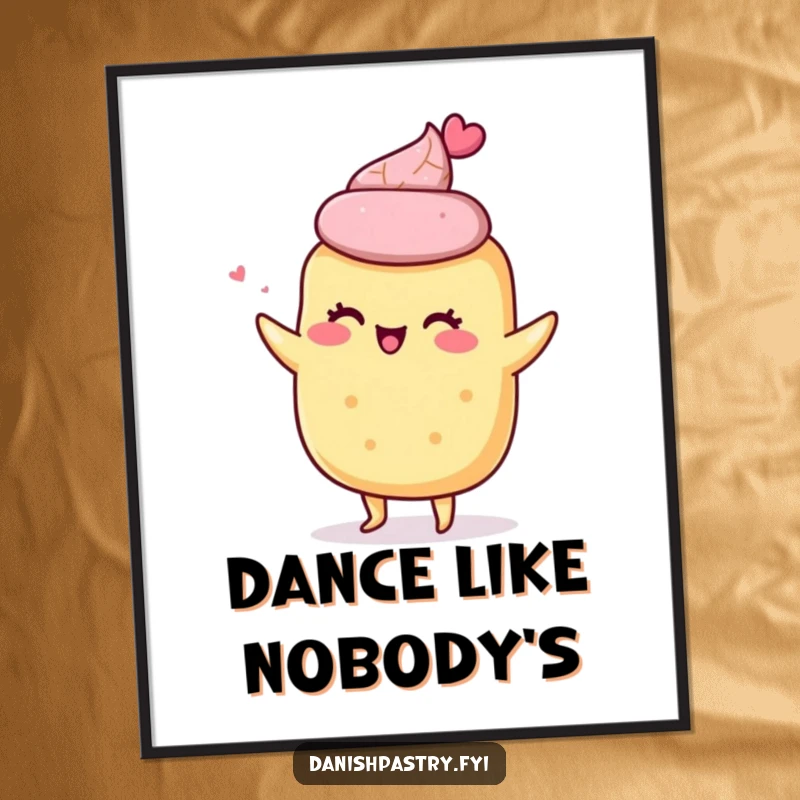 Funny digital art print of a giddy scone character doing a little shimmy, offering instant, cheerful, and baking-themed visual delight.