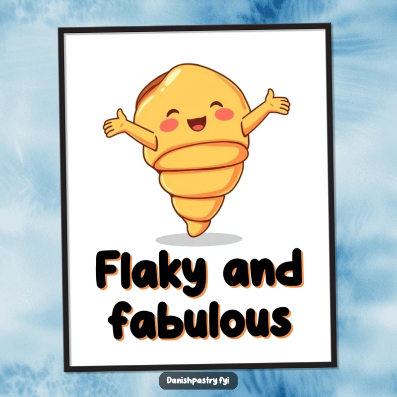 Funny Digital Art Print of a smiling croissant doing a joyful cartwheel, perfect for instant decor.