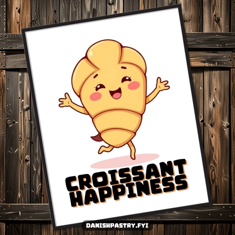 Funny almond croissant character digital art print, captured doing a happy jig, delivering instant pastry-themed cheer and playful energy digitally.