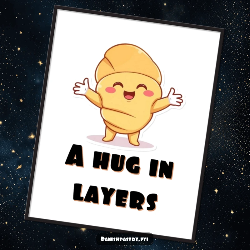 Funny Croissant Hug Digital Art Print of a smiling character offering an embrace, perfect for instant comforting and humorous wall decor.