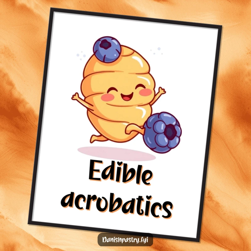 Funny Digital Art: A smiling croissant with tiny legs kicks a blueberry, bringing energetic and humorous breakfast vibes to any room.