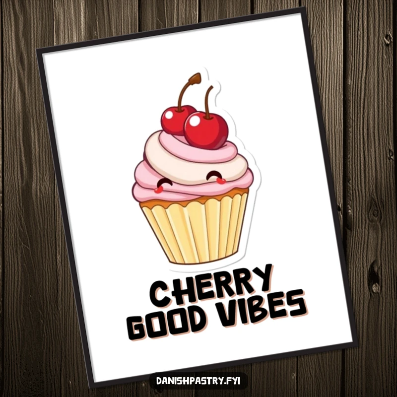 Funny delighted cupcake with frosting bouncing a large cherry, a digital art print celebrating sweetness and fun.