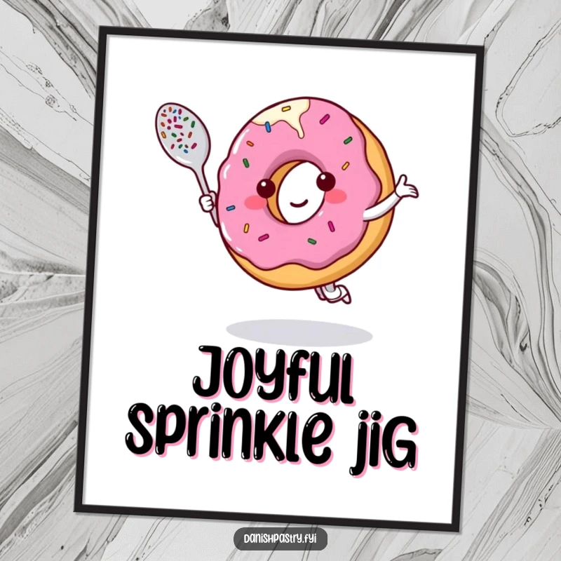 Funny digital art print of a smiling donut character dancing with a sprinkle-covered spoon, ideal for sweet decor.