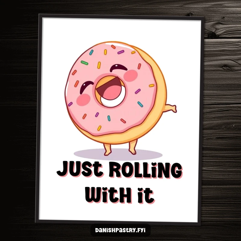 Funny digital art print of a laughing donut covered in sprinkles, dynamically doing a somersault, ready for instant download.
