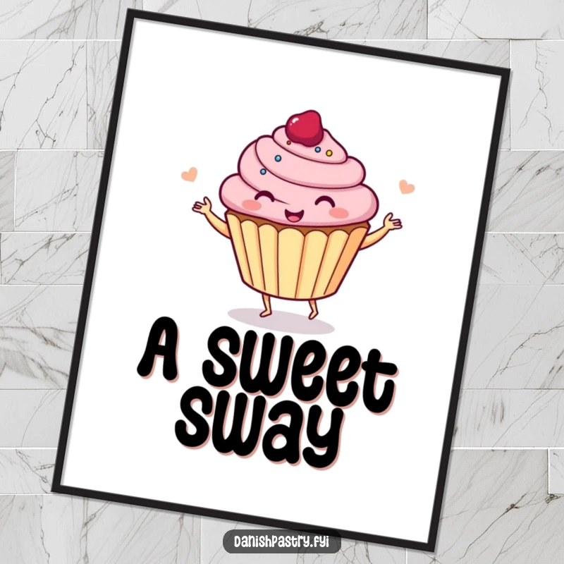 Funny cupcake dancing and giggling, vibrant digital art print, instantly downloadable for sweet and humorous wall decor.