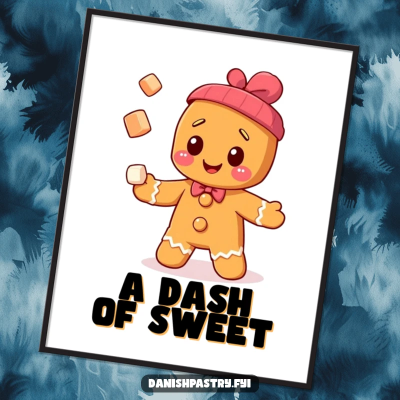 Funny cheerful gingerbread man character juggling sugar cubes, offered as digital art for sweet and playful decor.
