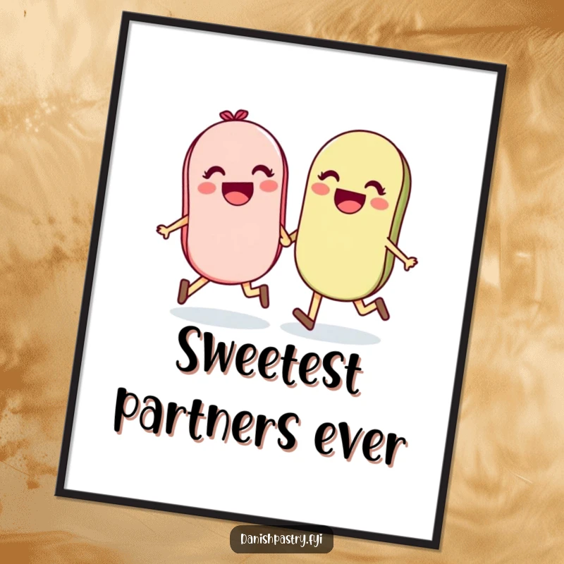 Funny digital art print of a delighted pair of macarons holding hands and skipping, perfect for instant download and cheerful décor.